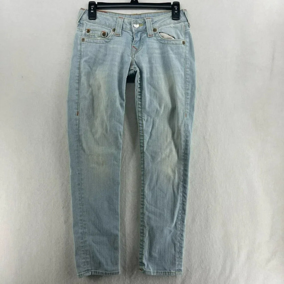 True Religion Jeans Women's 25 Blue Light Wash Low-Rise Tapered Stretch Denim - Picture 1 of 12